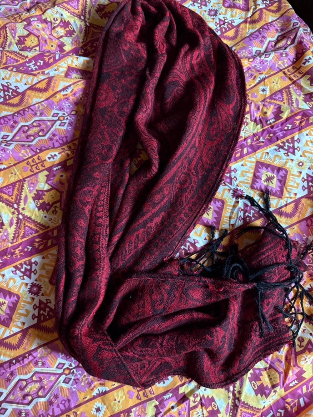 Rich Red and Black Paisley Fringe Scarf - Picture 2 of 4